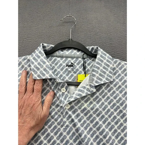 Puma Golf Polo Shirt Boys Large White Grey Pineapple Print Short Sleeve Logo - Picture 3 of 13